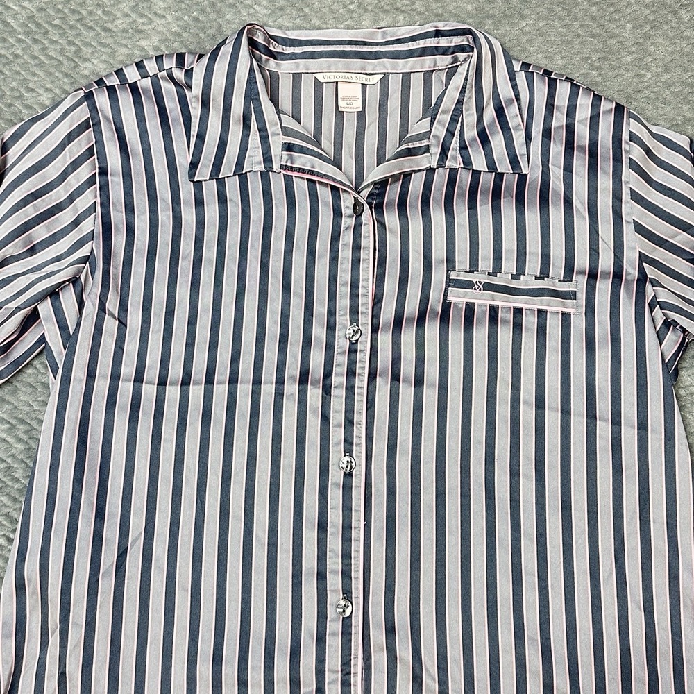 Victoria's Secret Pajama Top Large Pink Satin Long Sleeve Button Up Pinstripe - Picture 6 of 10